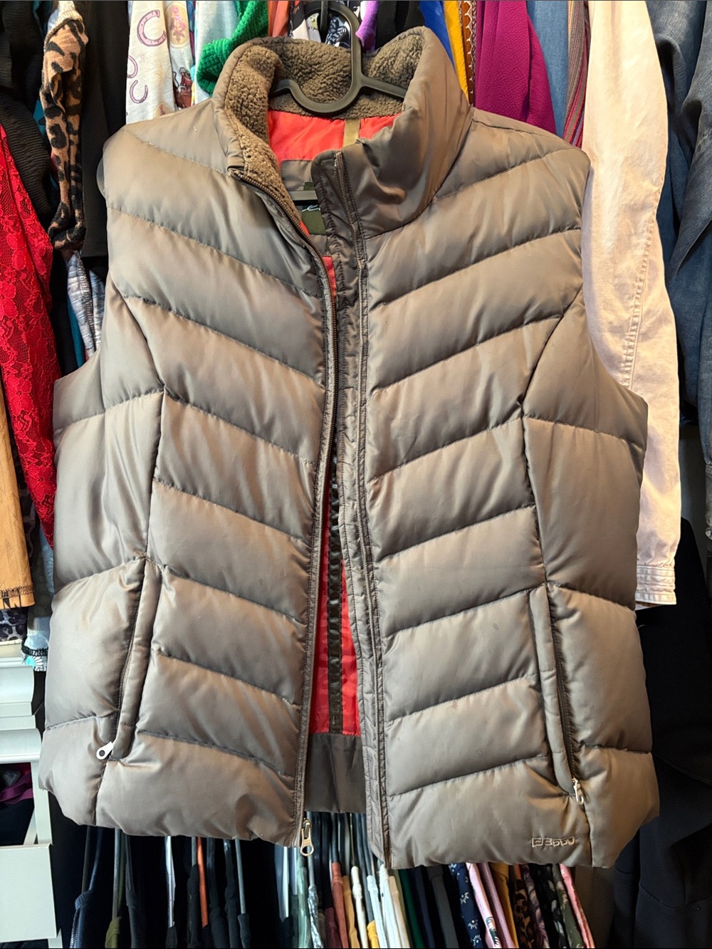 Eddie Bauer Women's Quilted Puffer Vest in Taupe with Sherpa Collar